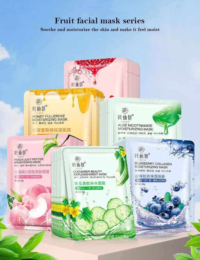 12 Pieces Blueberry Facial Masks Aloe Cucumber Peach Fresh Fruit Moisturizing Face Mask Sheets for Beauty Facial Skin Care