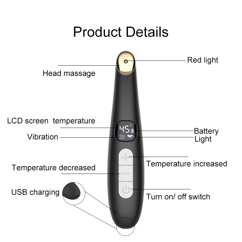 3 in 1 Eye Lift Wand Beauty Device Vibrating Red Light 98°F to 113°F LCD Display Eye Massager for Dry Eye Dark Circle Puffiness
