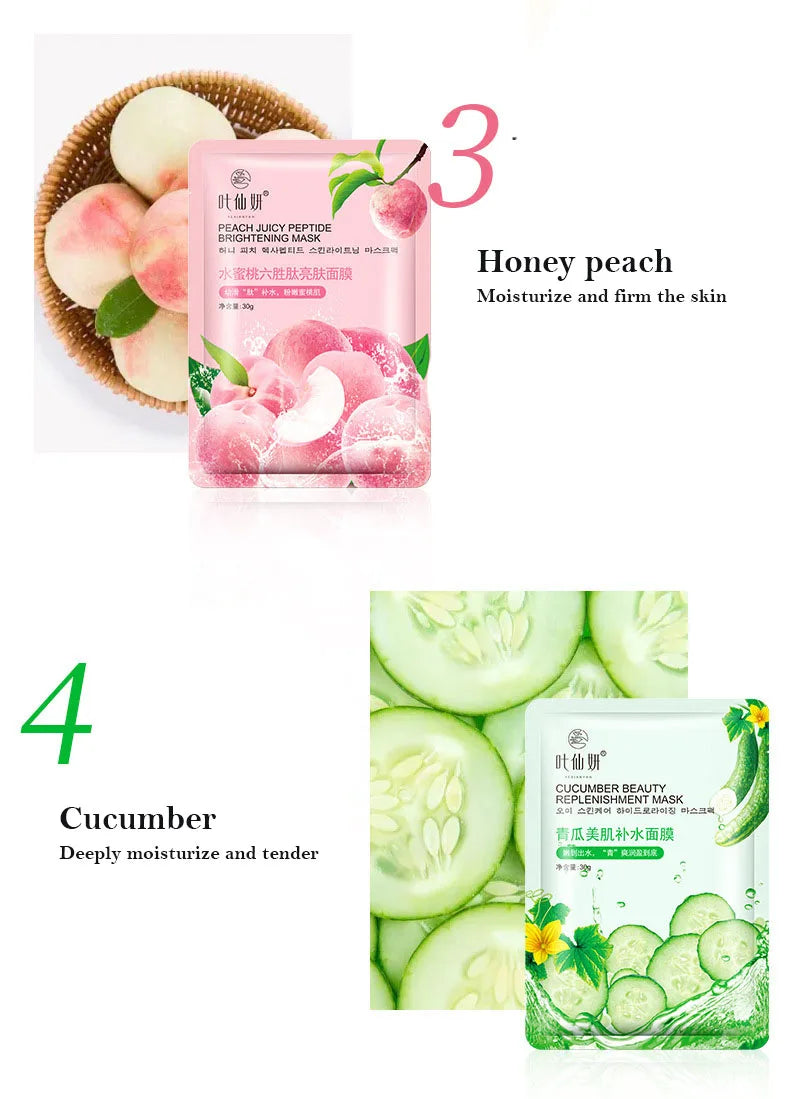 12 Pieces Blueberry Facial Masks Aloe Cucumber Peach Fresh Fruit Moisturizing Face Mask Sheets for Beauty Facial Skin Care